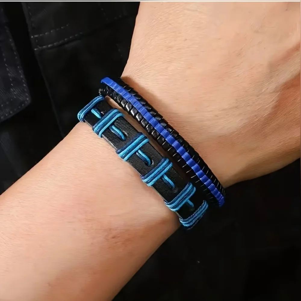 3Pc Blue, White and Black Braided Bracelets Set Unisex